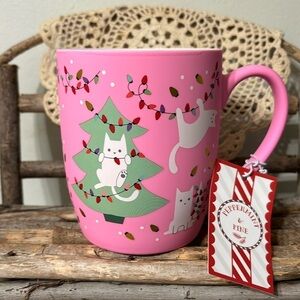 NWT PEPPERMINT & PINE SOFT TOUCH CHRISTMAS CAT IN LIGHTS/TREE PINK COFFEE MUG